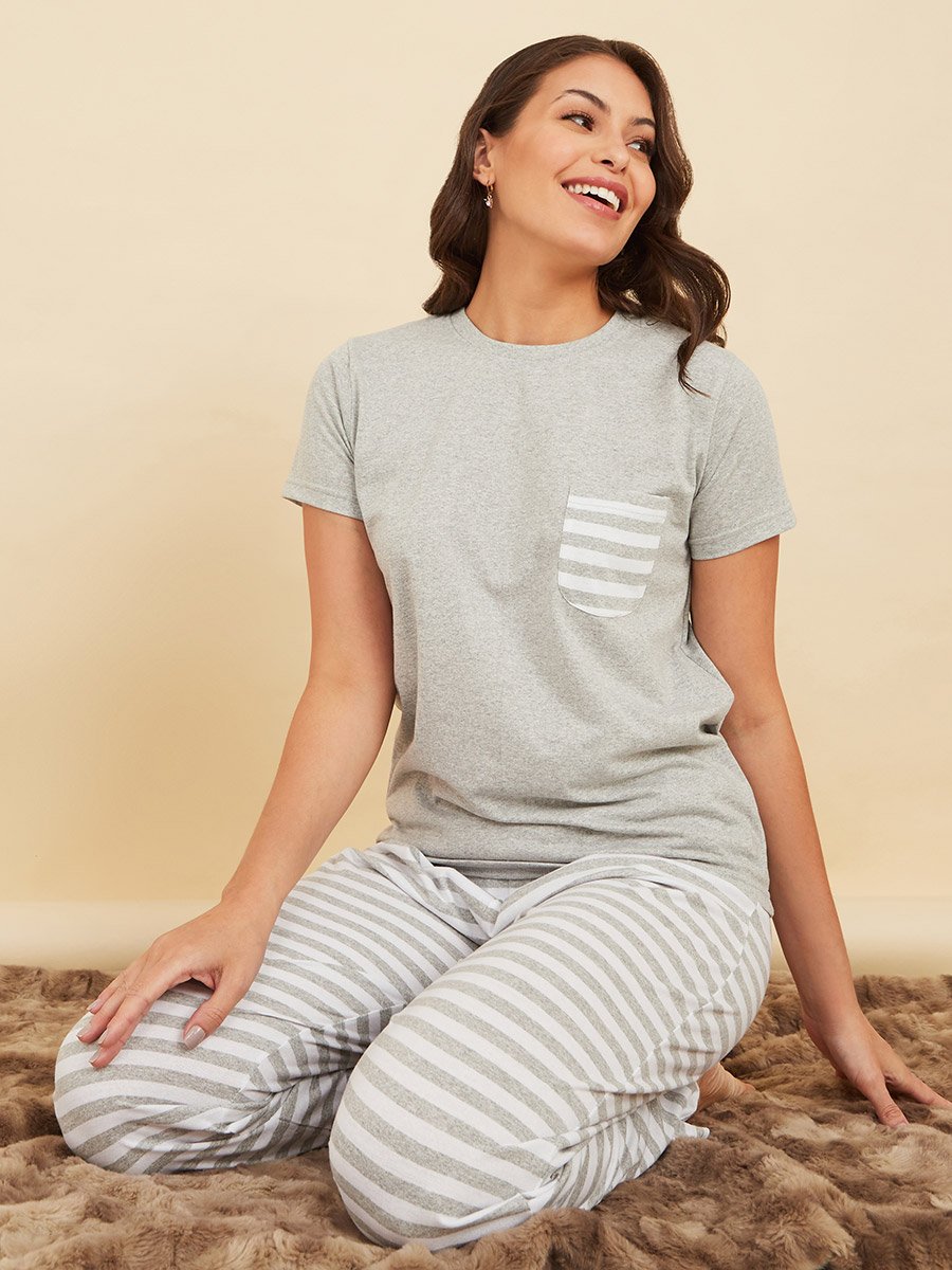 Cotton Striped Pocket T-Shirt and Pyjama Set