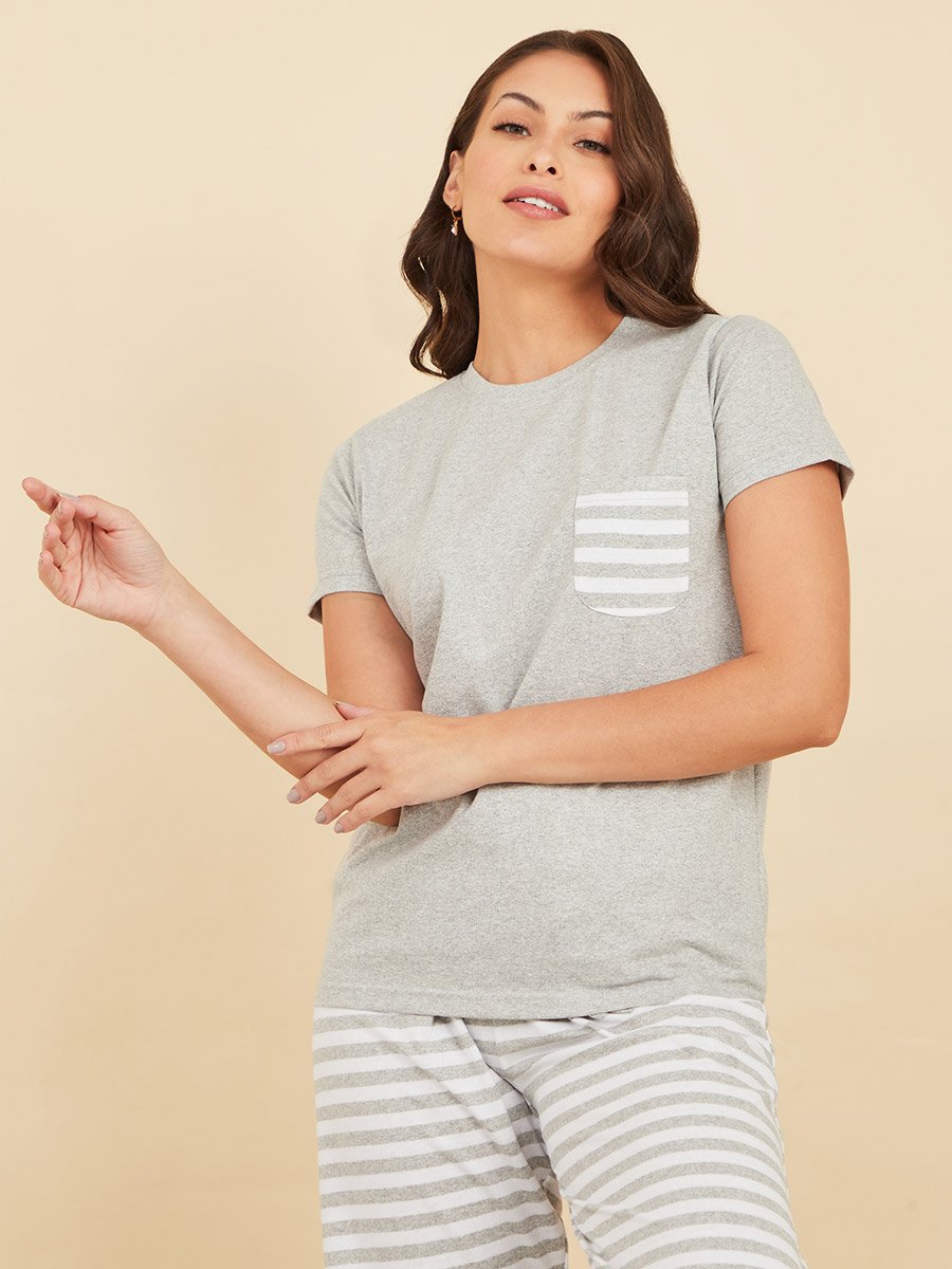 Cotton Striped Pocket T-Shirt and Pyjama Set