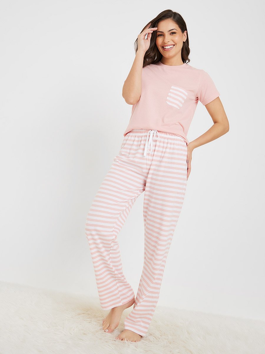 Cotton Striped Pocket T-Shirt and Pyjama Set