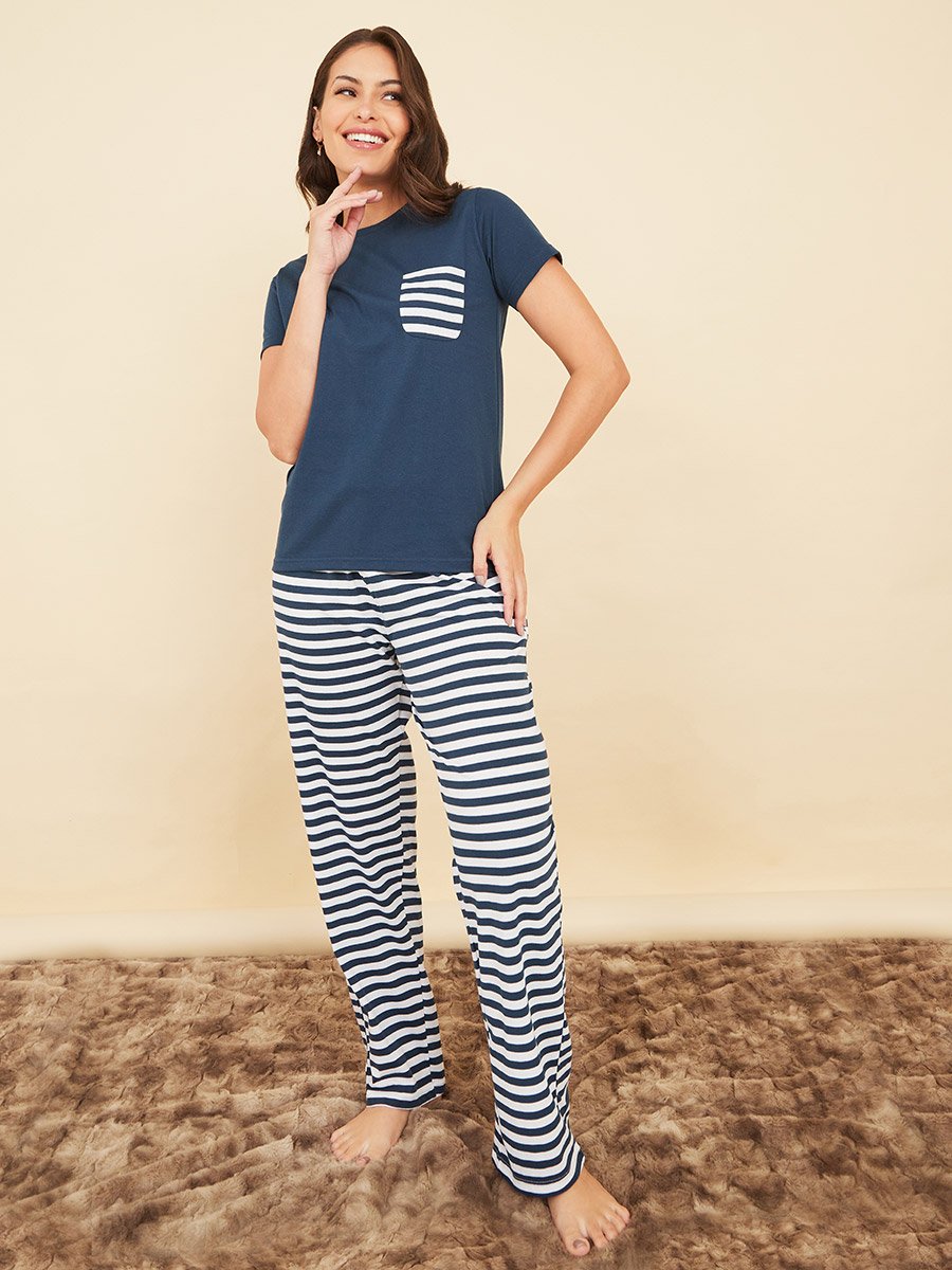 Cotton Striped Pocket T-Shirt and Pyjama Set