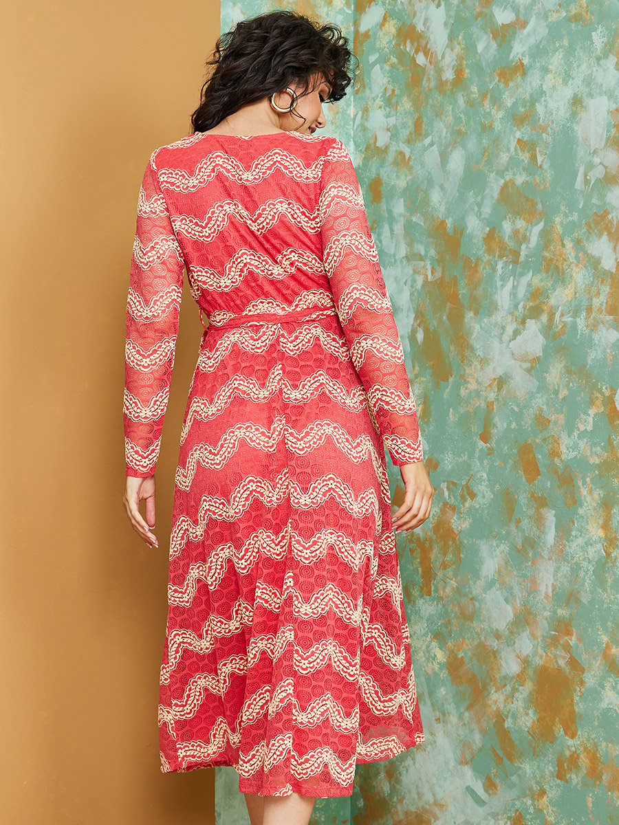 Lace Insert Wrap Midi Dress