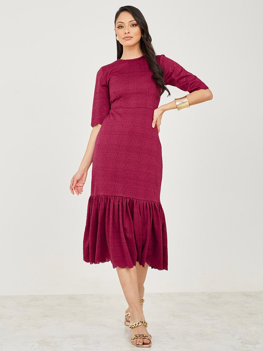 Broderie Frill Hem Sheath Midi Dress
