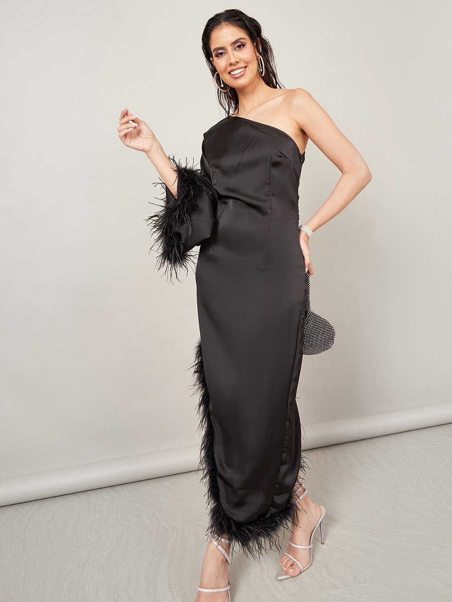 knee length dresses for ladies Luxe Mood Faux Fur Trim Velvet Mini Dress