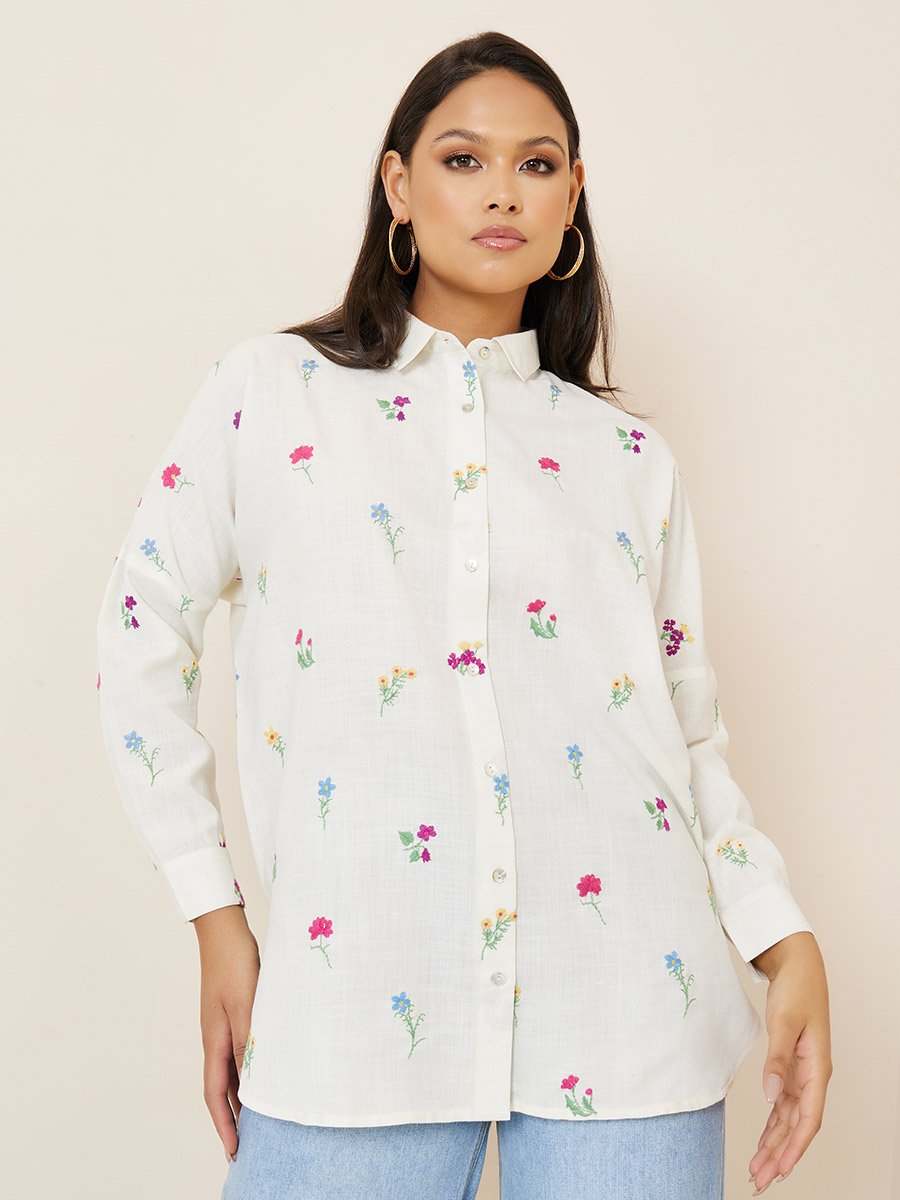 Women Off White Embroidered Long Sleeve Shirt