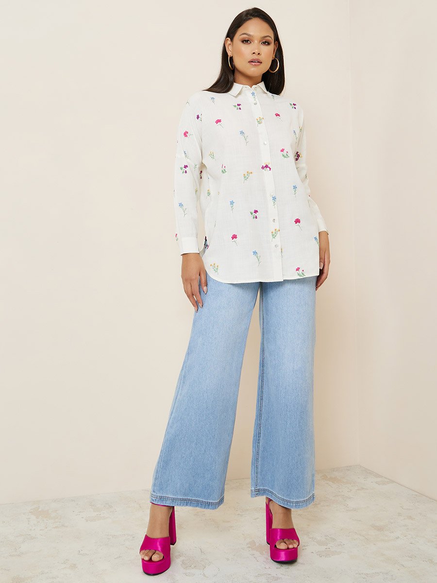 Women Off White Embroidered Long Sleeve Shirt