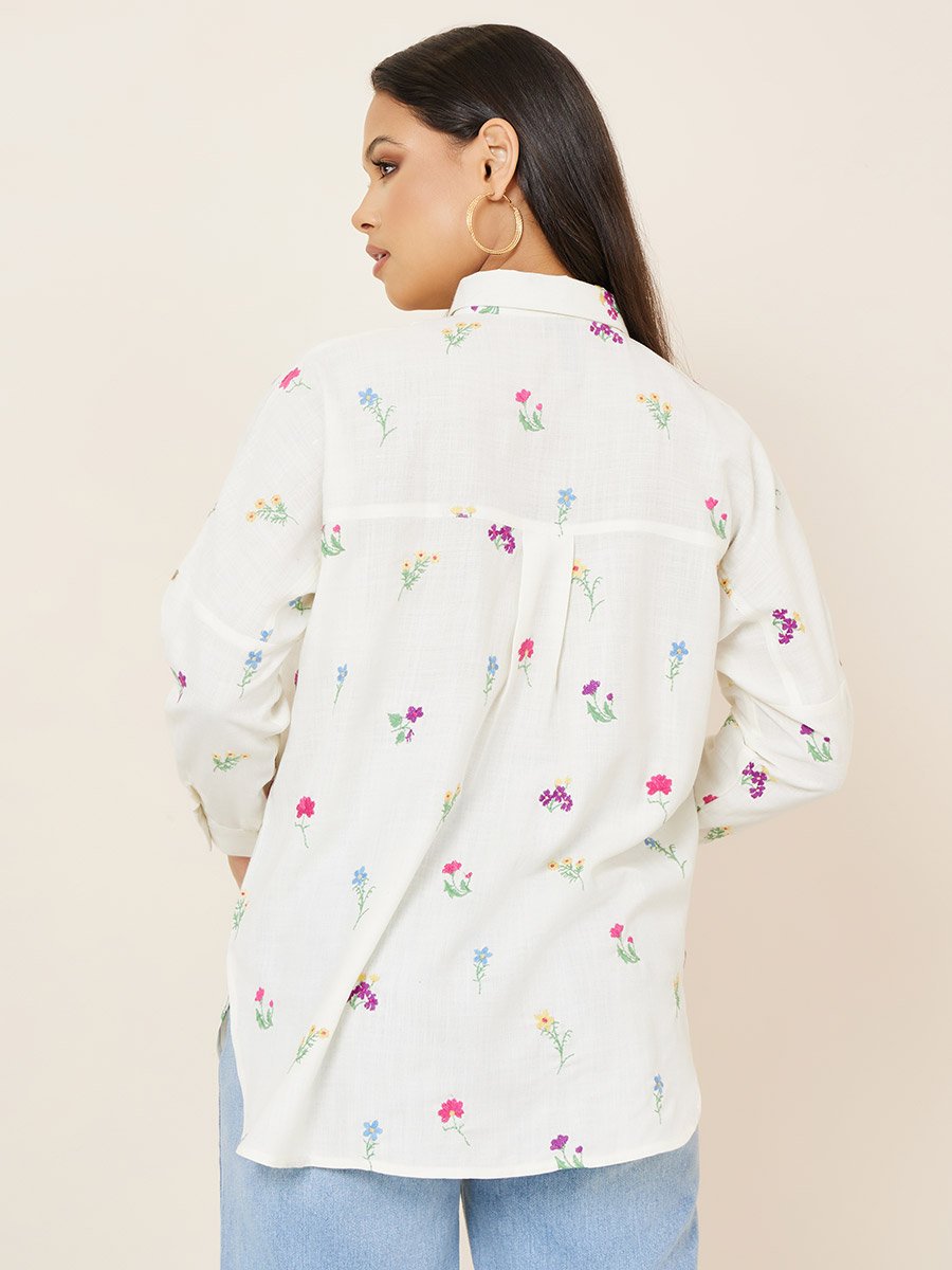 Women Off White Embroidered Long Sleeve Shirt