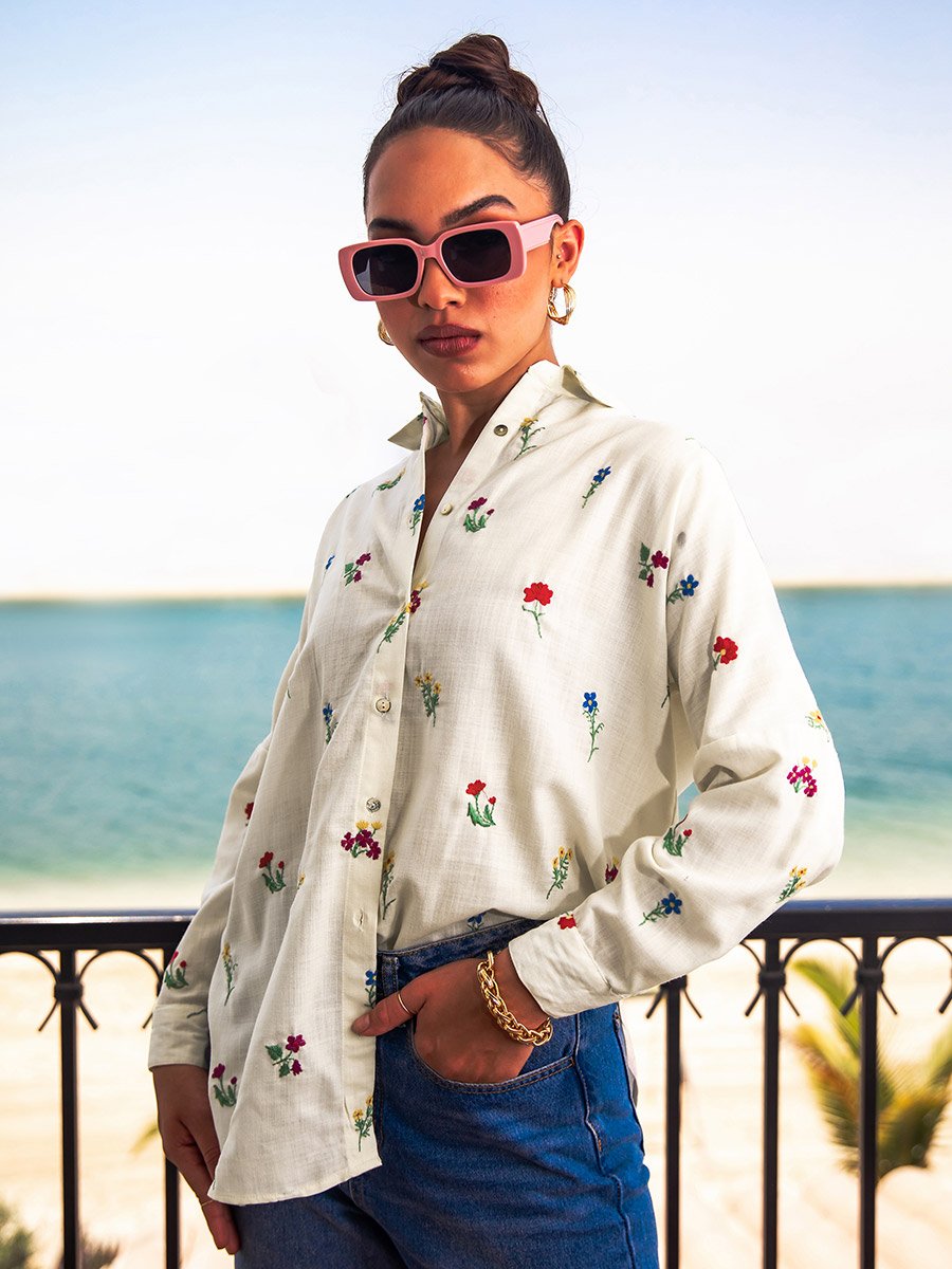 Women Off White Embroidered Long Sleeve Shirt