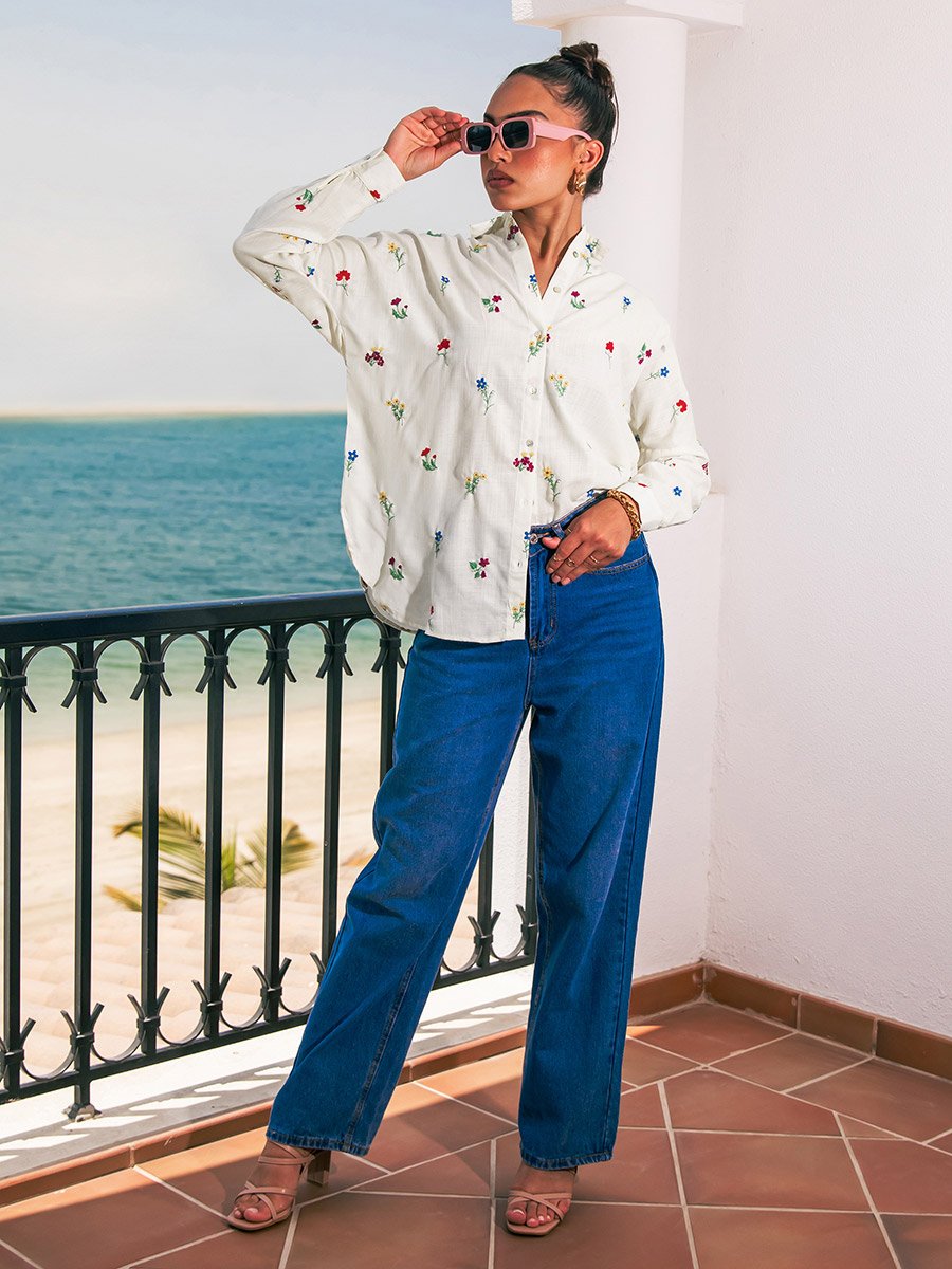 Women Off White Embroidered Long Sleeve Shirt