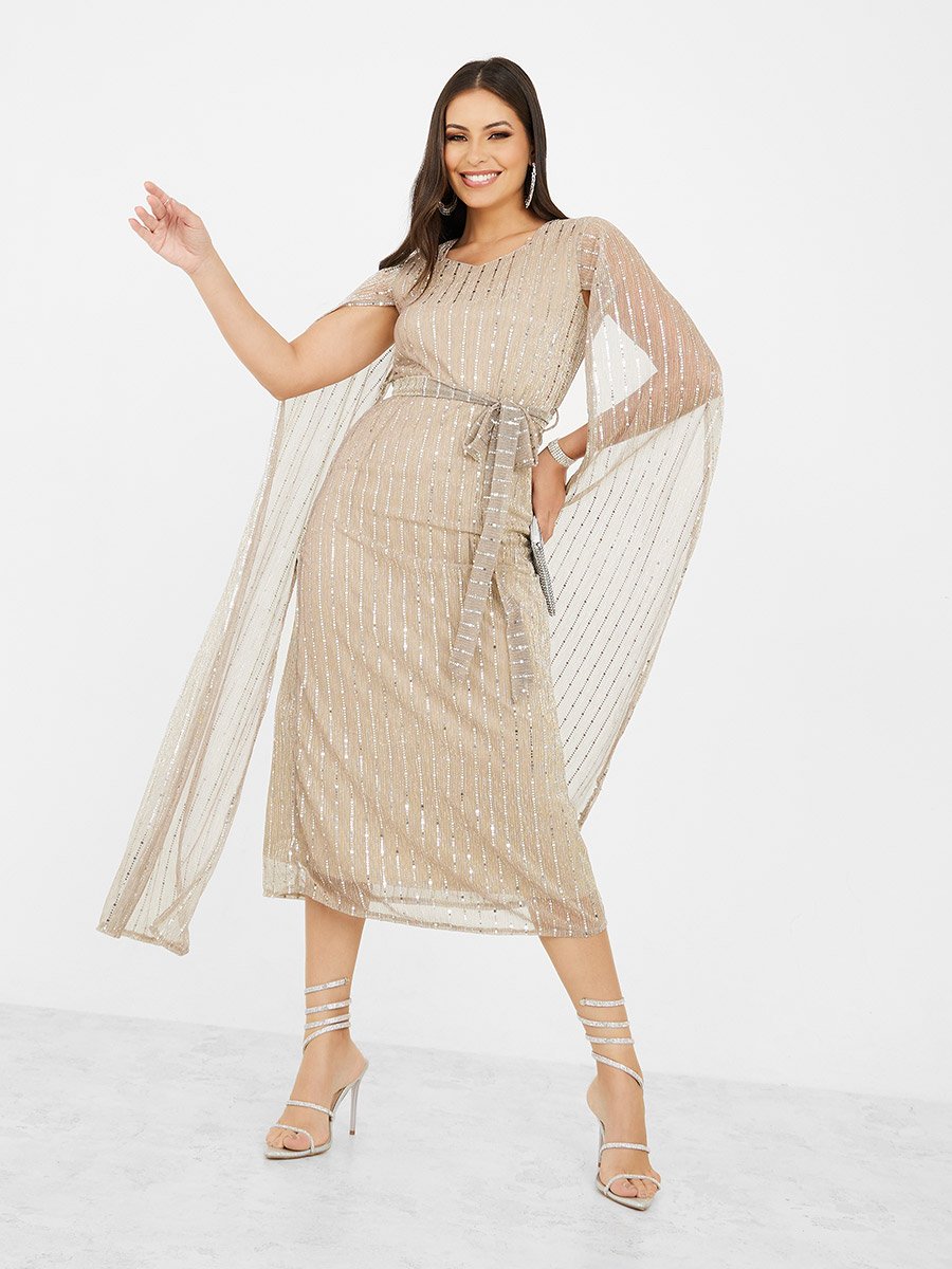 knee length dresses for ladies FLORAL CHIFFON MIDI DRESS WITH CAPE SLEEVES – Kelly Grace Brands main image 0