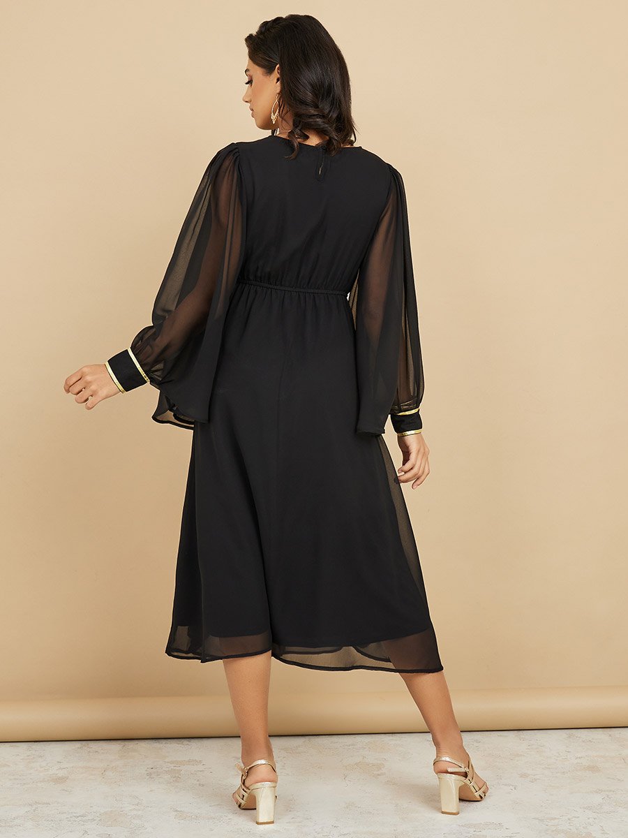 Volume Sleeve Embellished Waist A-Line Midi Dress For Women at Oman | Styli