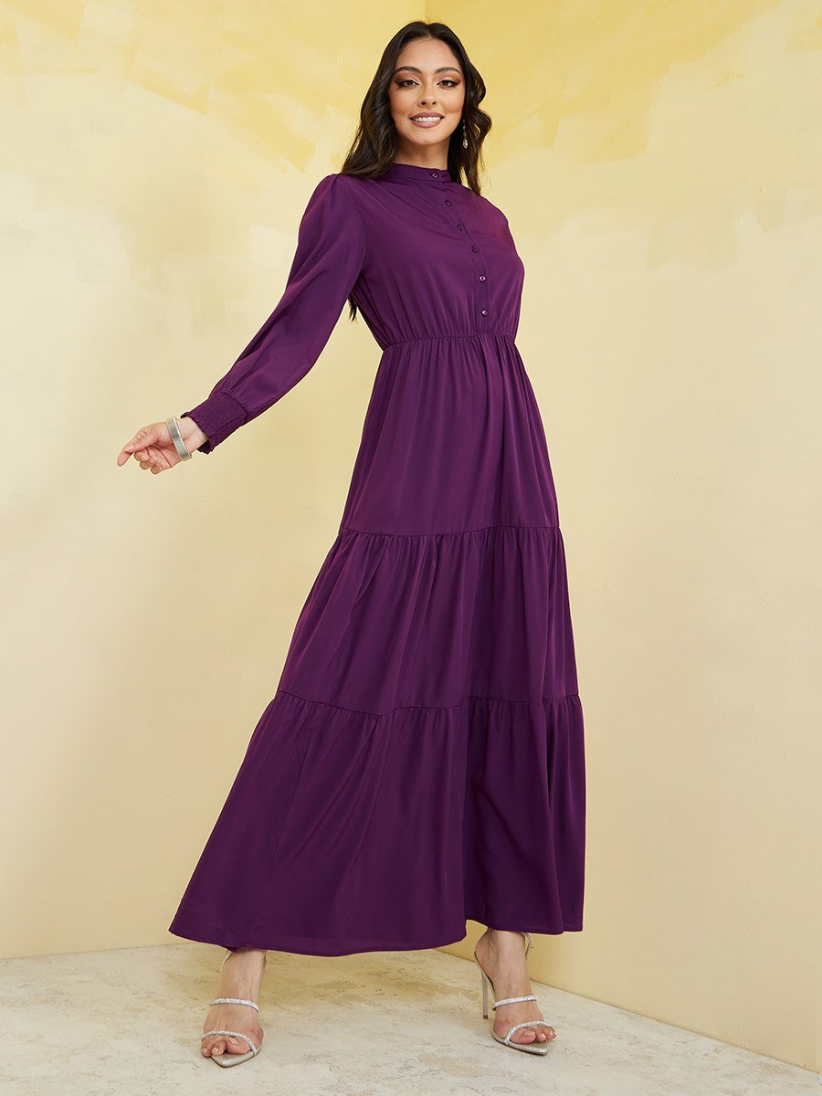 chinese dress ladies Black Skinny Long-Sleeve Mandarin Collar Flared Maxi Dress  APOC STORE