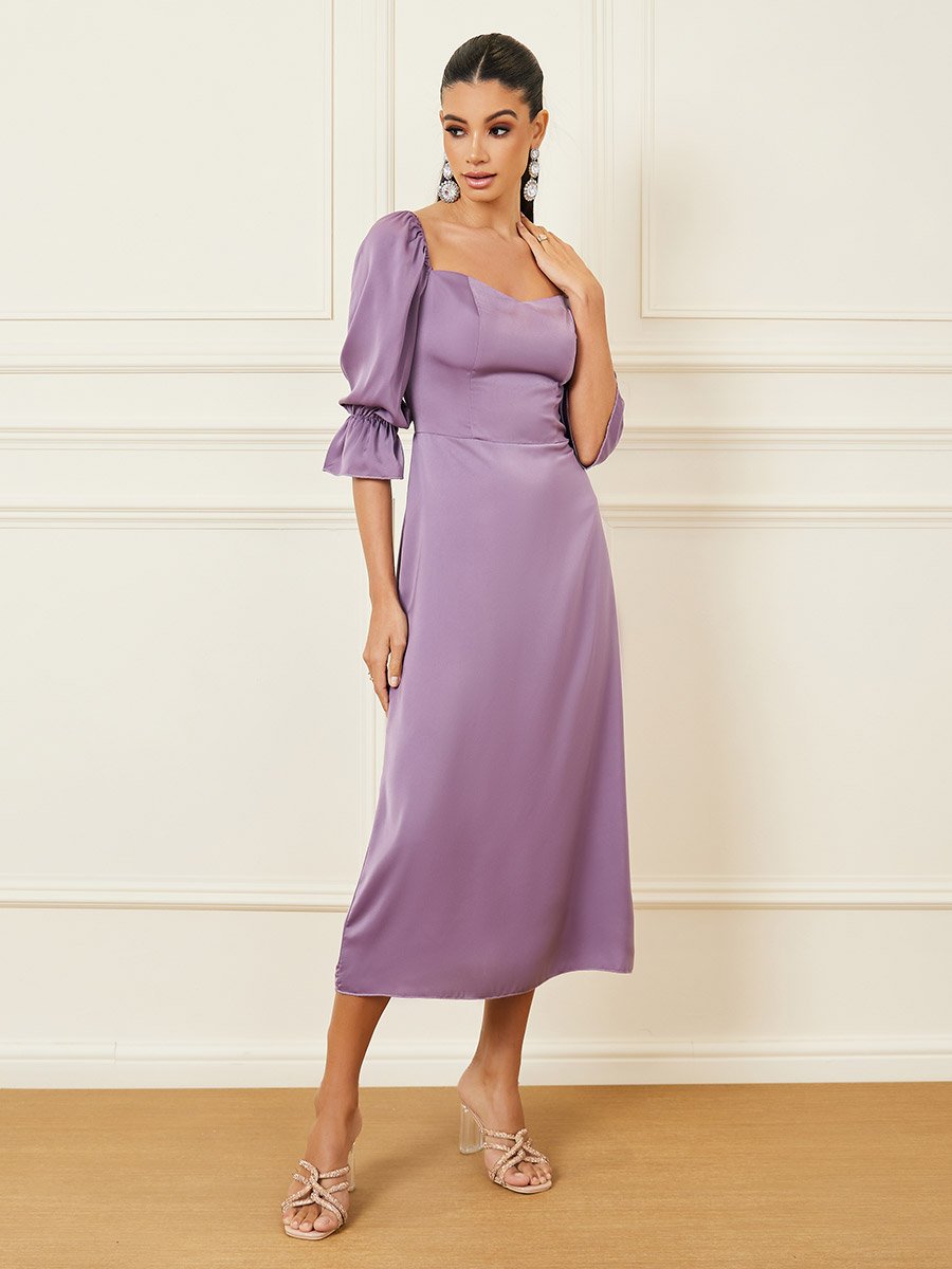 Solid Sweetheart Neck A-Line Midi Dress