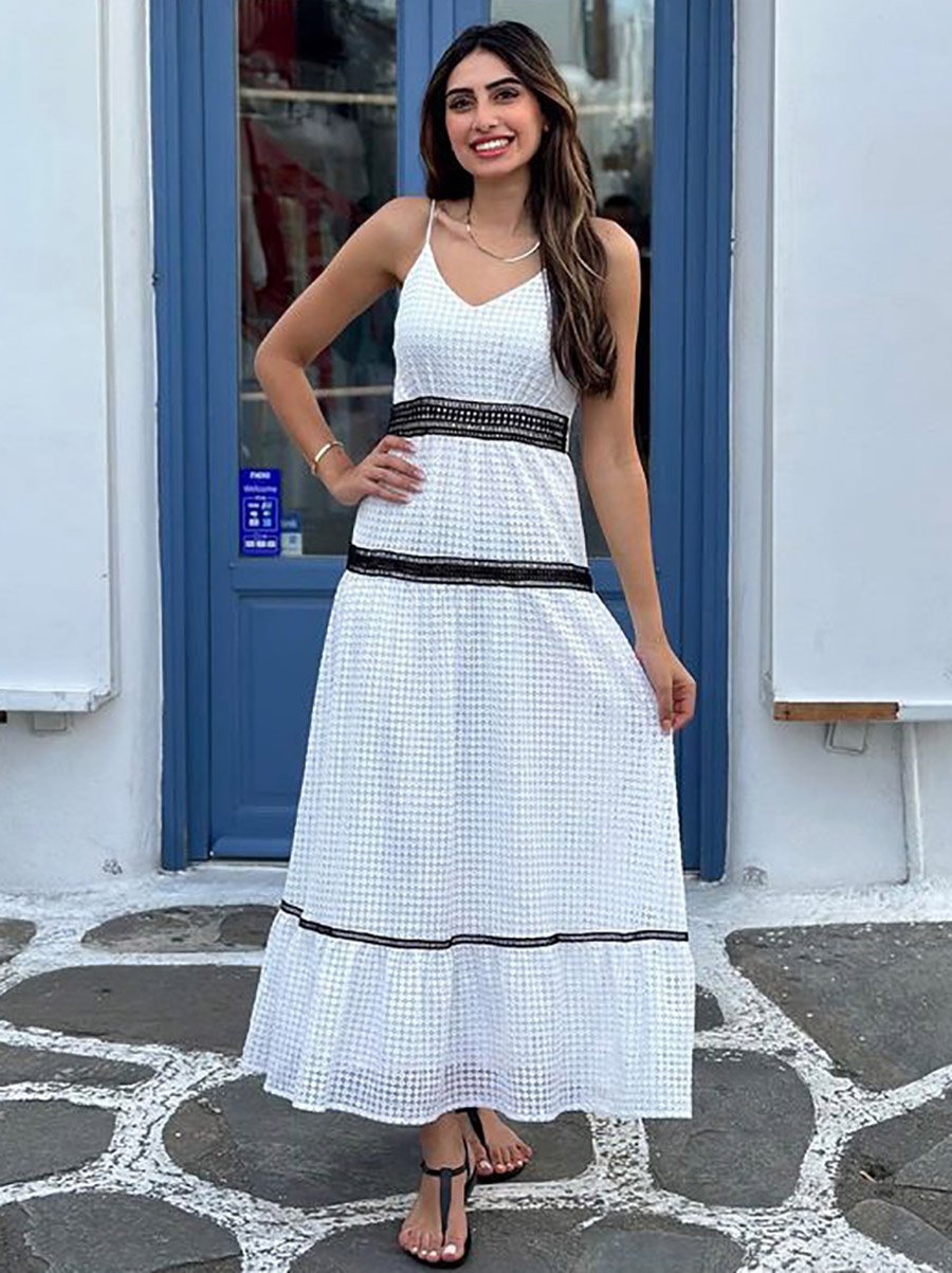 Strappy Lace Insert Tiered Maxi Dress For Women at UAE | Styli Strappy Lace Insert Tiered Maxi Dress For Women at UAE | Styli