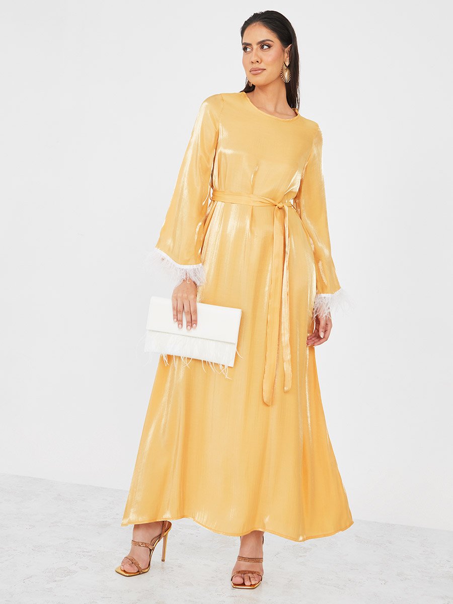 A-Line Shimmer Jalabiya with Faux Feather Trim