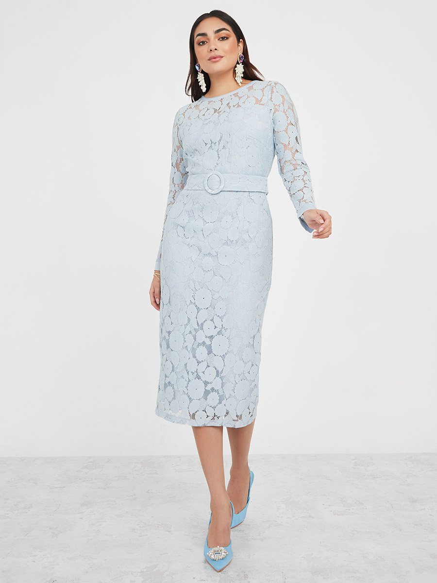 Lace Insert Bodycon Midi Dress with Belt For Women at Saudi | Styli