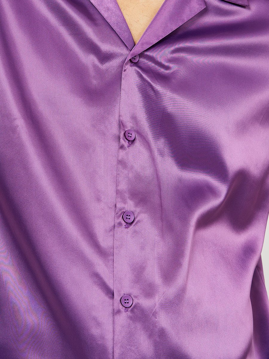 Cuban Collar Detail Satin Shirt with Buttons
