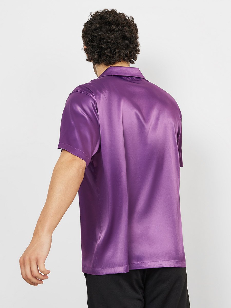Cuban Collar Detail Satin Shirt with Buttons