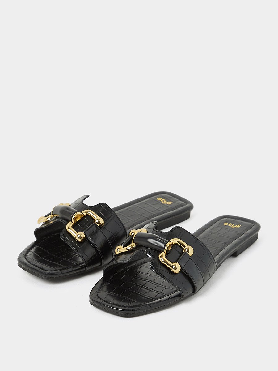 Croc Print Flat Sandals with Gold Link Detail