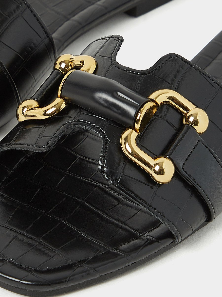 Croc Print Flat Sandals with Gold Link Detail