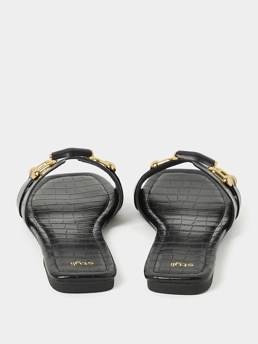 Croc Print Flat Sandals with Gold Link Detail