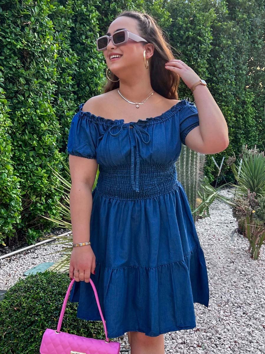 Denim Shirred Tiered Knee Length Dress For Women at Saudi | Styli Denim Shirred Tiered Knee Length Dress For Women at Saudi | Styli