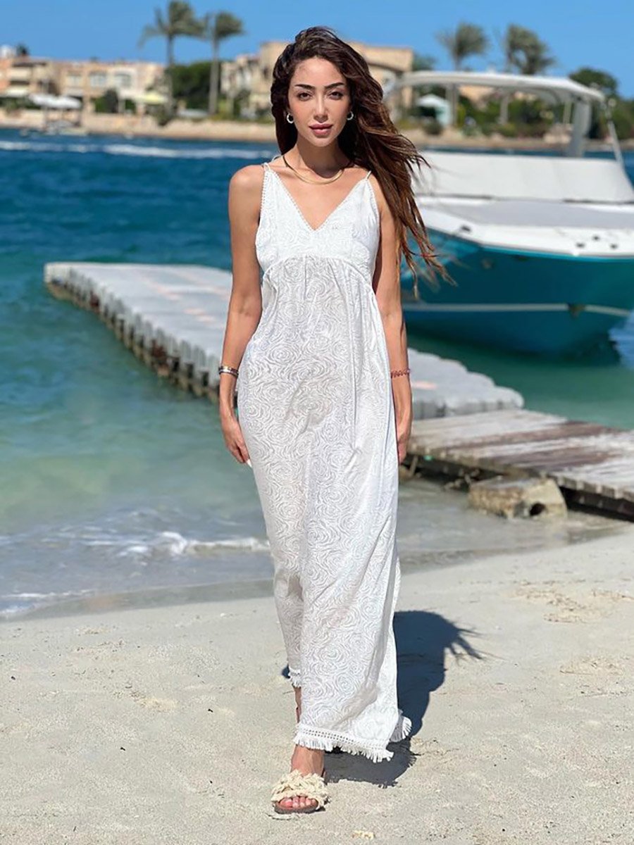 beach dress uae Tie Strappy Jacquard A-Line Maxi For Women at CONTEMPO