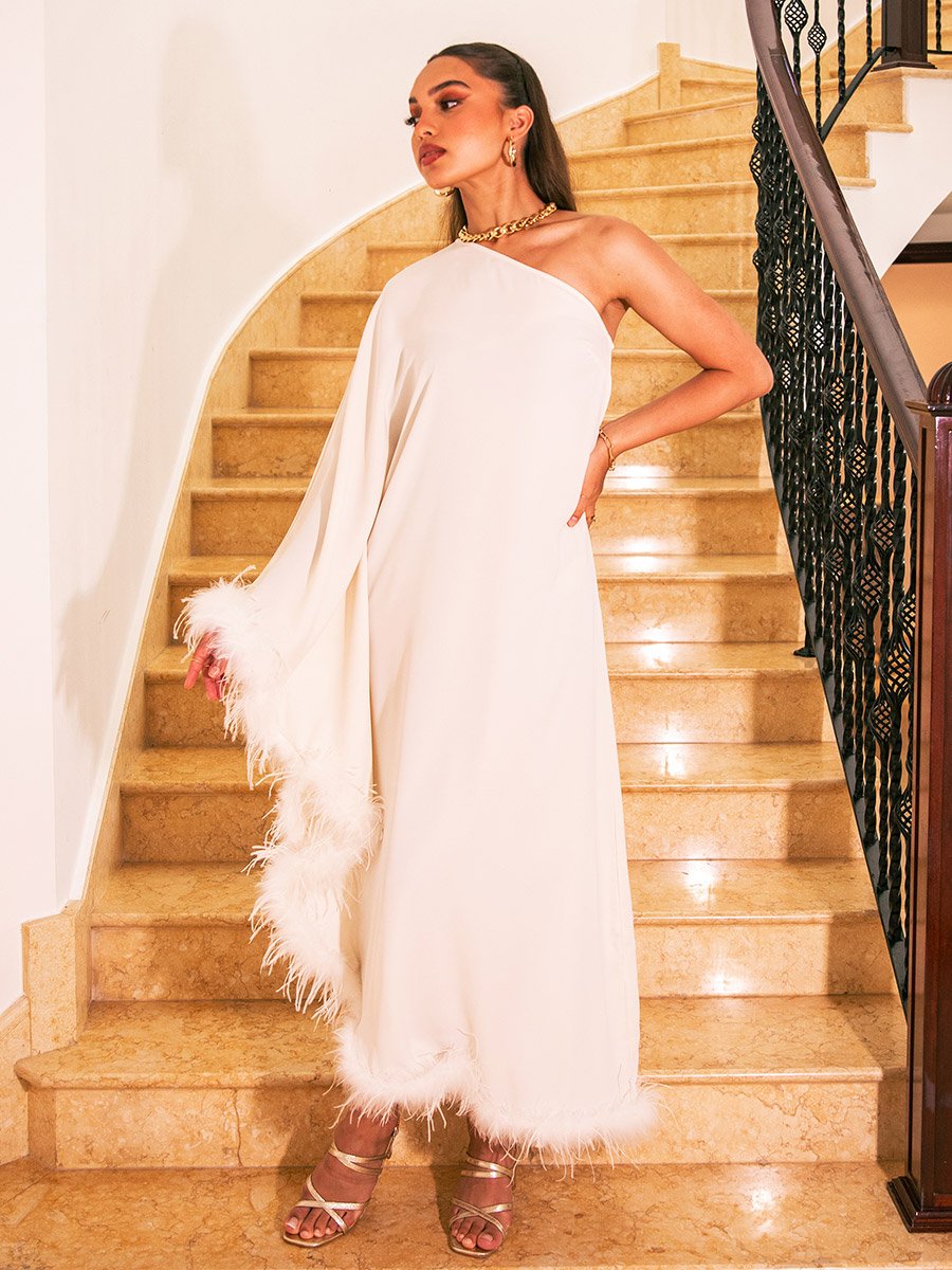 Faux Fur Trim One Sleeve Shift Midi Dress For Women at Saudi | Styli