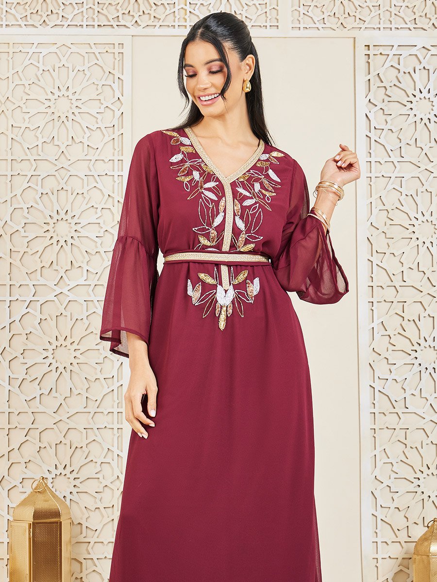 Sequined and Beaded Embroidery Detail Kaftan