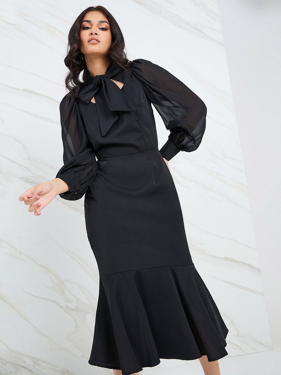 frill hem bodycon midi dress Buy Styli Pink Puff Sleeves Lace Insert Frill Hem Bodycon Midi Dress Online