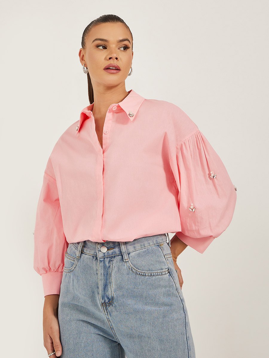 Embellished Spread Collar Balloon Sleeve Shirt
