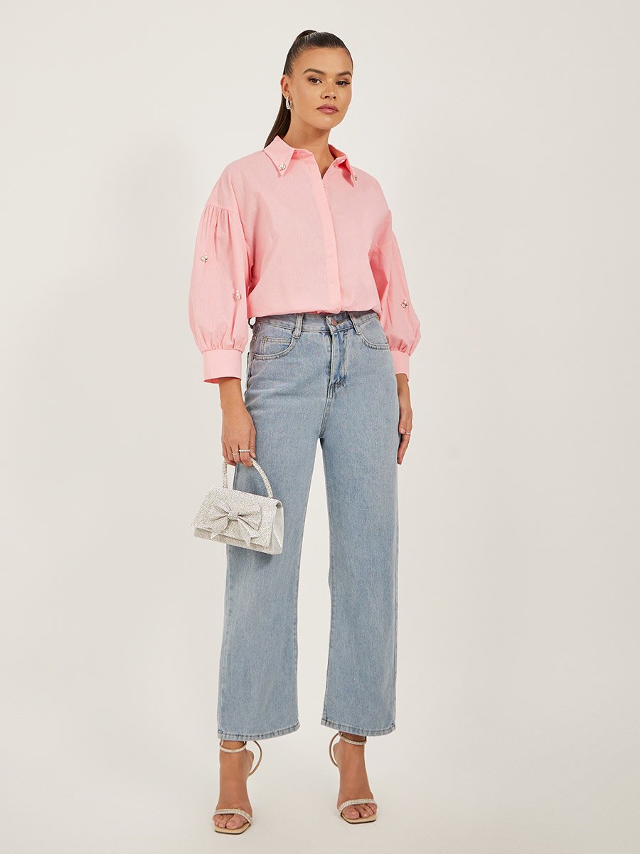Embellished Spread Collar Balloon Sleeve Shirt