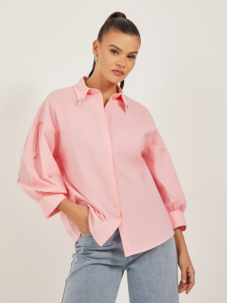 Embellished Spread Collar Balloon Sleeve Shirt