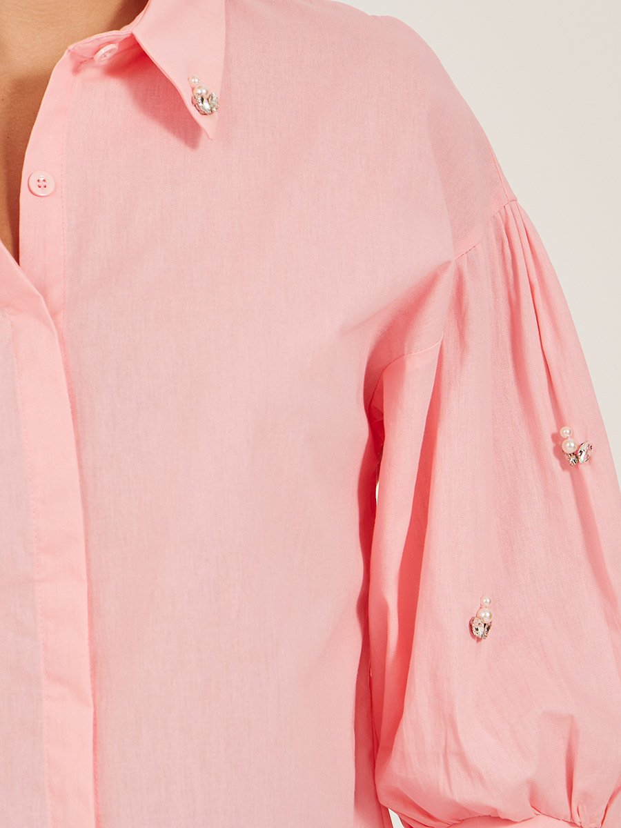 Embellished Spread Collar Balloon Sleeve Shirt