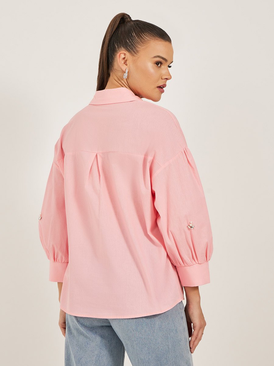 Embellished Spread Collar Balloon Sleeve Shirt