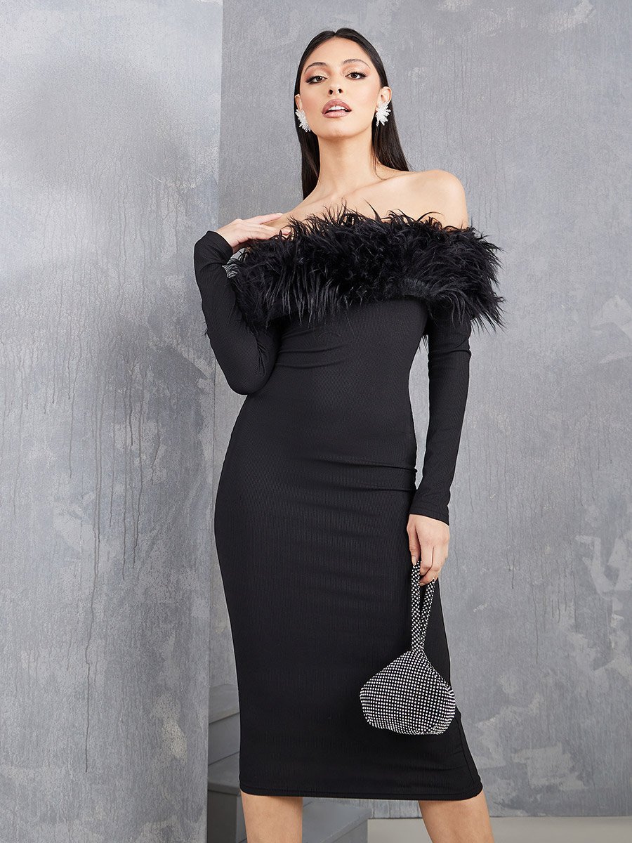 Faux Feather Off Shoulder Bodycon Midi Dress For Women at UAE | Styli