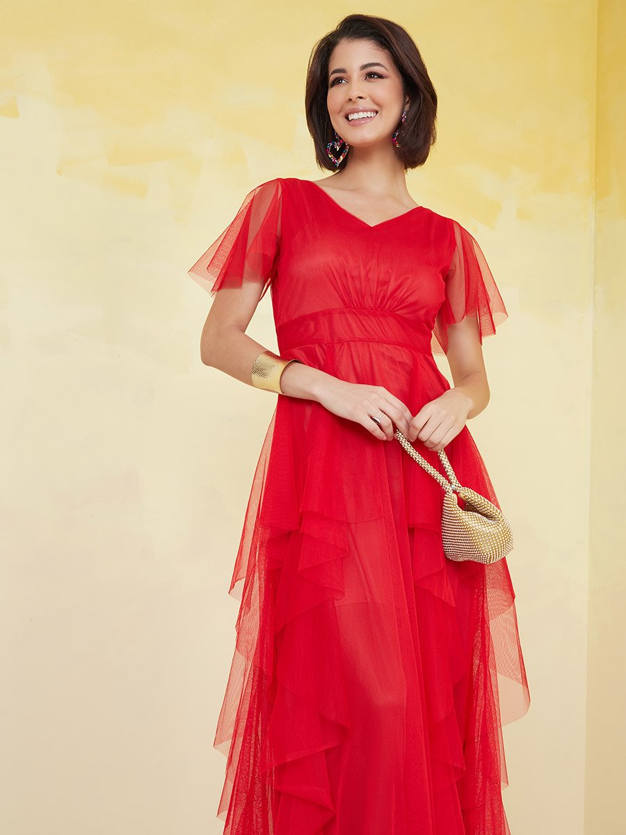 knee length dresses for ladies Samantha Waterfall Sleeves Maxi Dress - Wine main image 1