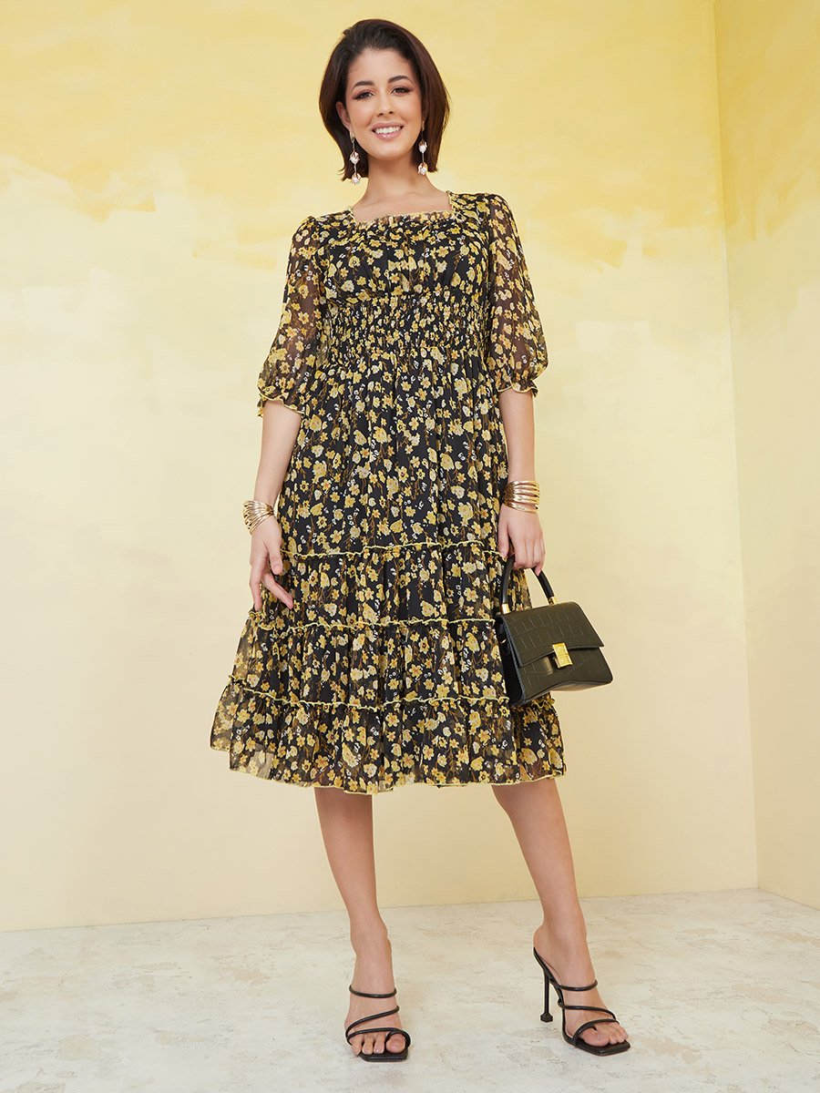 Floral Chiffon A-Line Midi Dress For Women at UAE