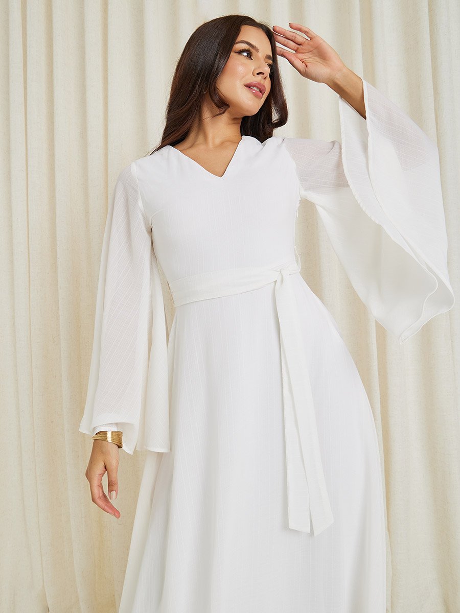 Textured Flute Sleeve A-Line Maxi Dress For Women at Saudi | Styli