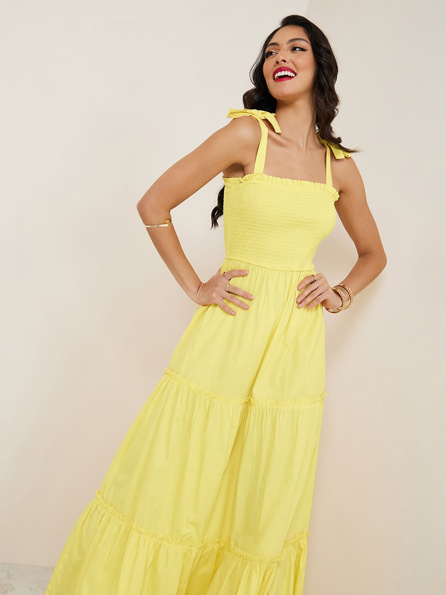 chinese dress ladies Rangiora Ribbon Tie Strap Tiered Maxi Dress