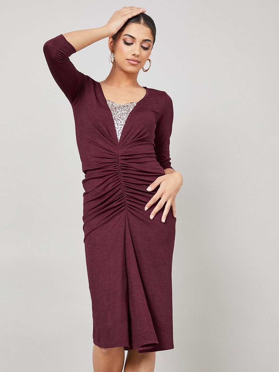 knee length dresses for ladies Women's 3/4 Sleeve Side Ruched Hacci Midi Dress main image 0
