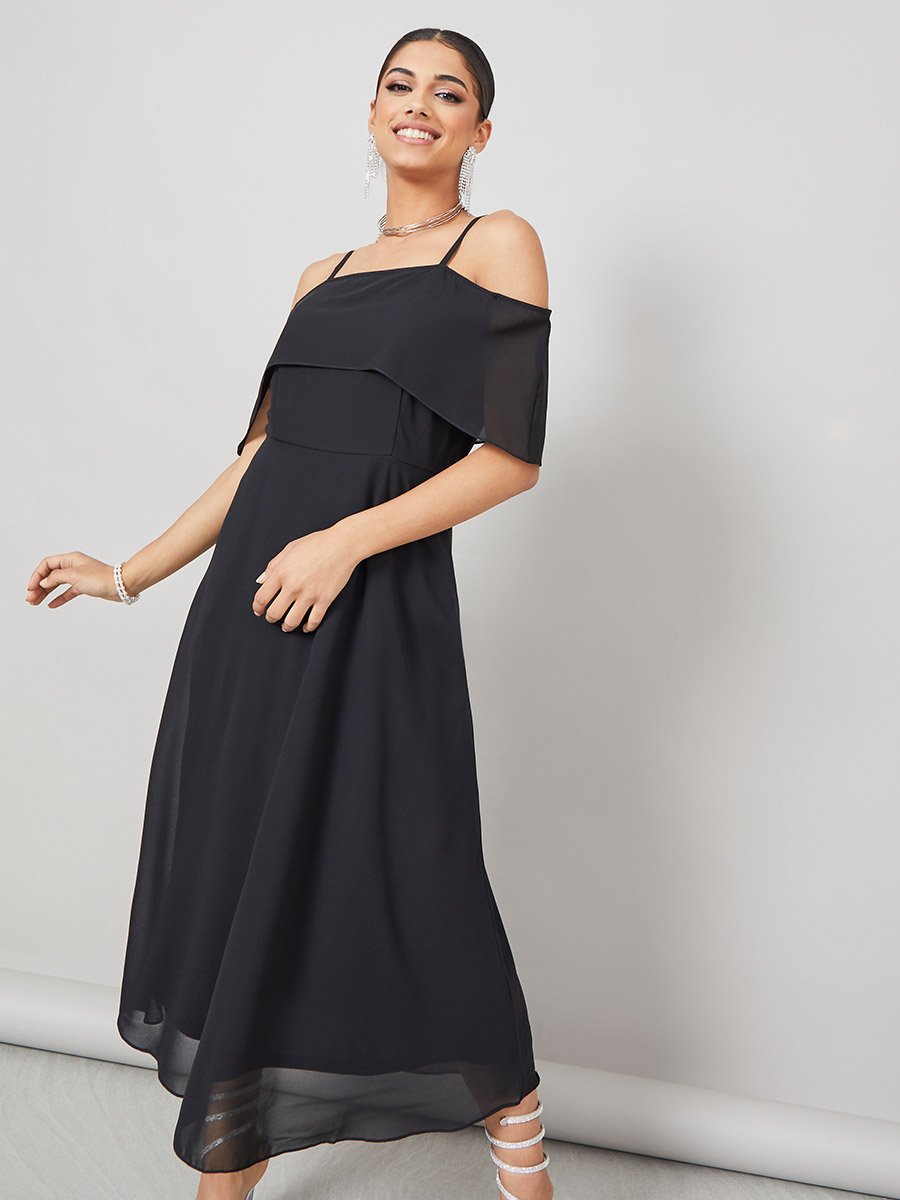 Solid Cold Shoulder Sleeve A-Line Maxi Dress