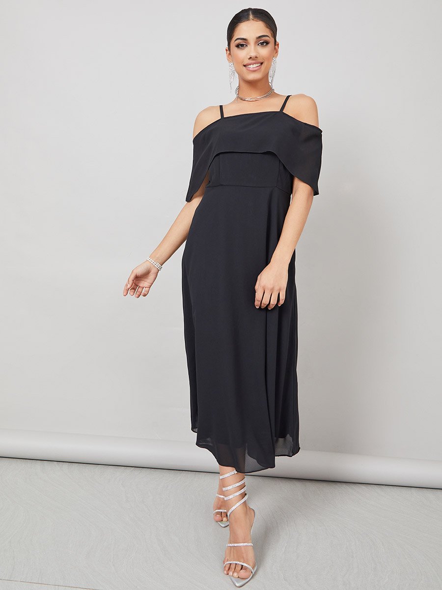 Solid Cold Shoulder Sleeve A-Line Maxi Dress