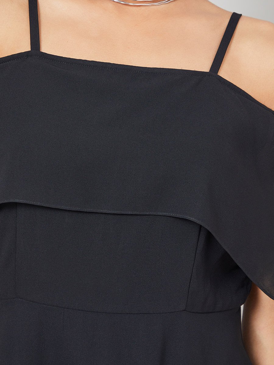 Solid Cold Shoulder Sleeve A-Line Maxi Dress