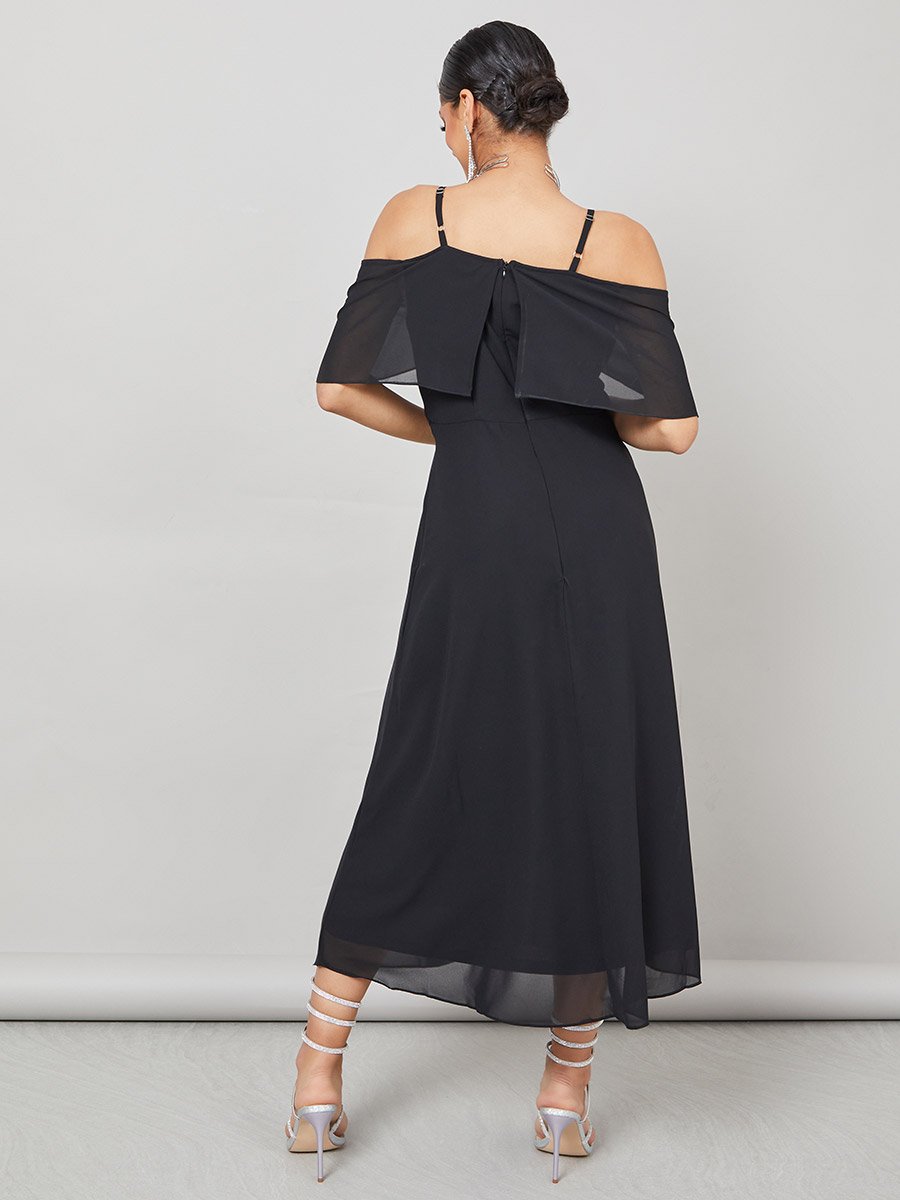 Solid Cold Shoulder Sleeve A-Line Maxi Dress