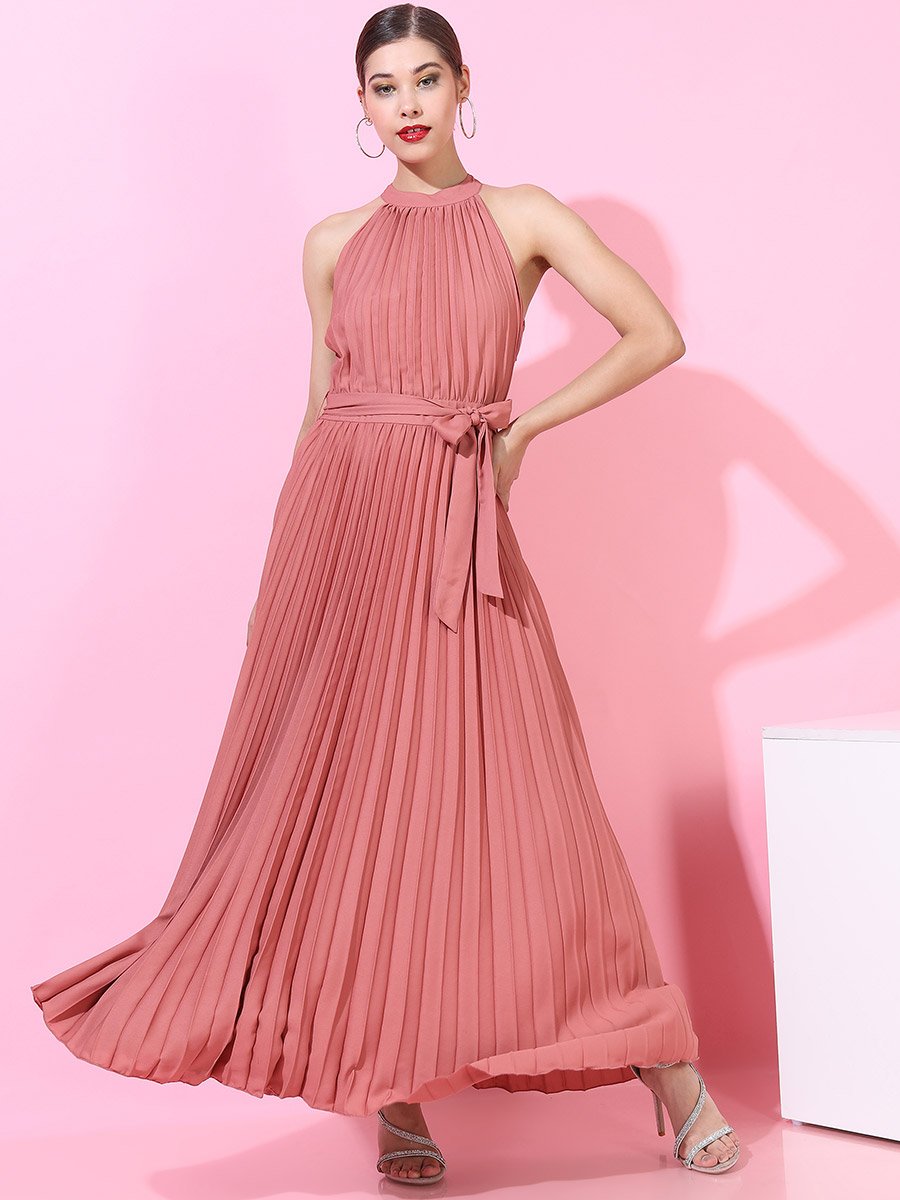 strapless open back dress Two Layerd Pleated Halter Neck Dress main image 0