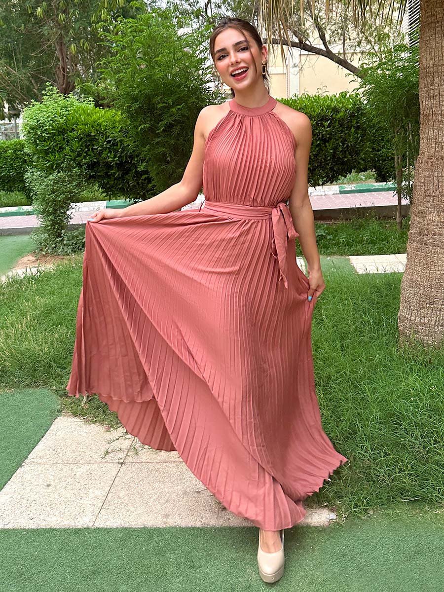 Pleated Halter Neck A-Line Maxi Dress with Self Tie For Women at Bahrain |  Styli