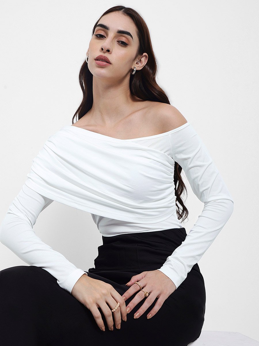 Asymmetric Neck Gathered Bodysuit