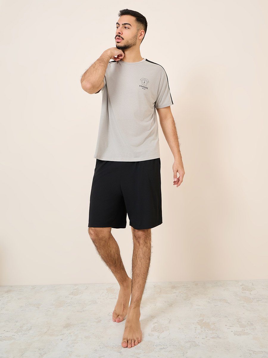 Tape Detail Minimal Print T-shirt and Short with Pocket Set