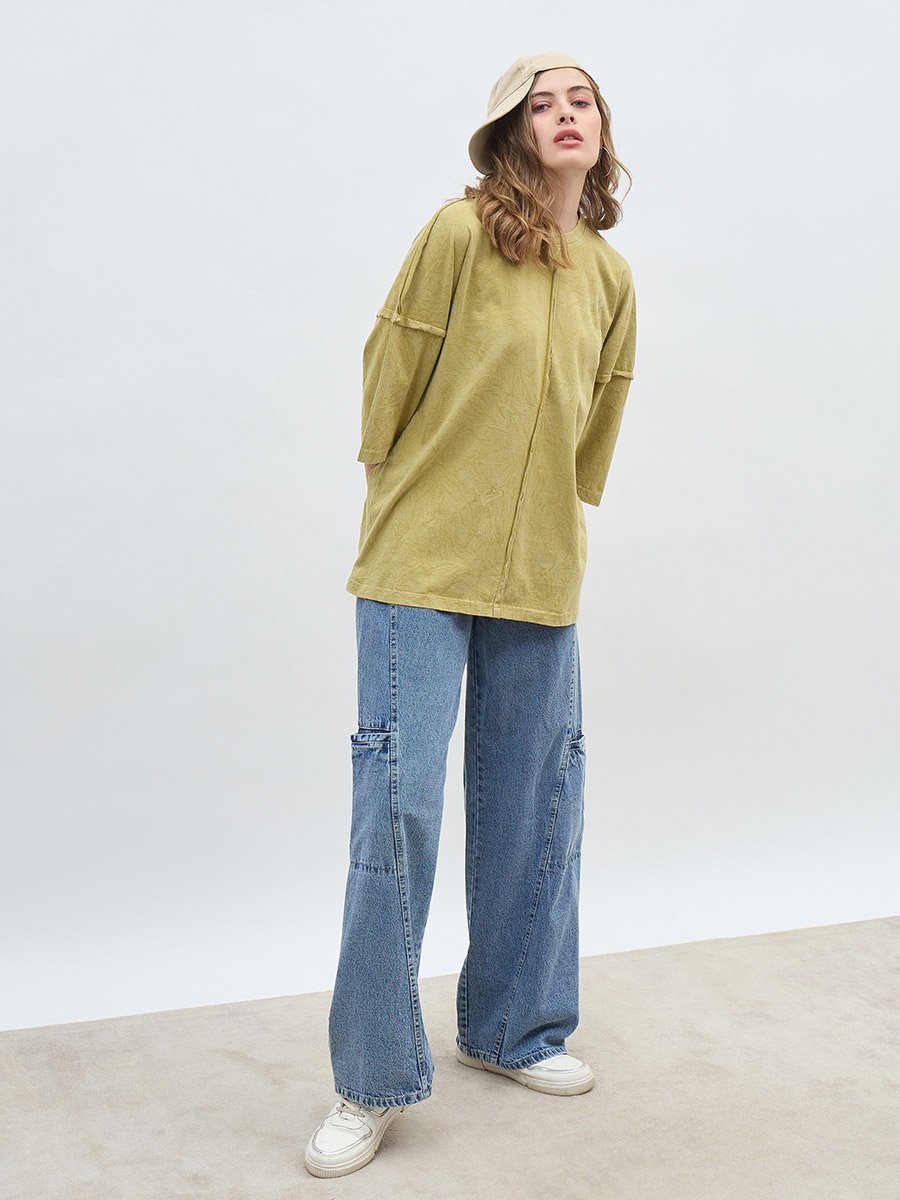 Oversized Washed 100% Cotton T-Shirt with Exposed Seam