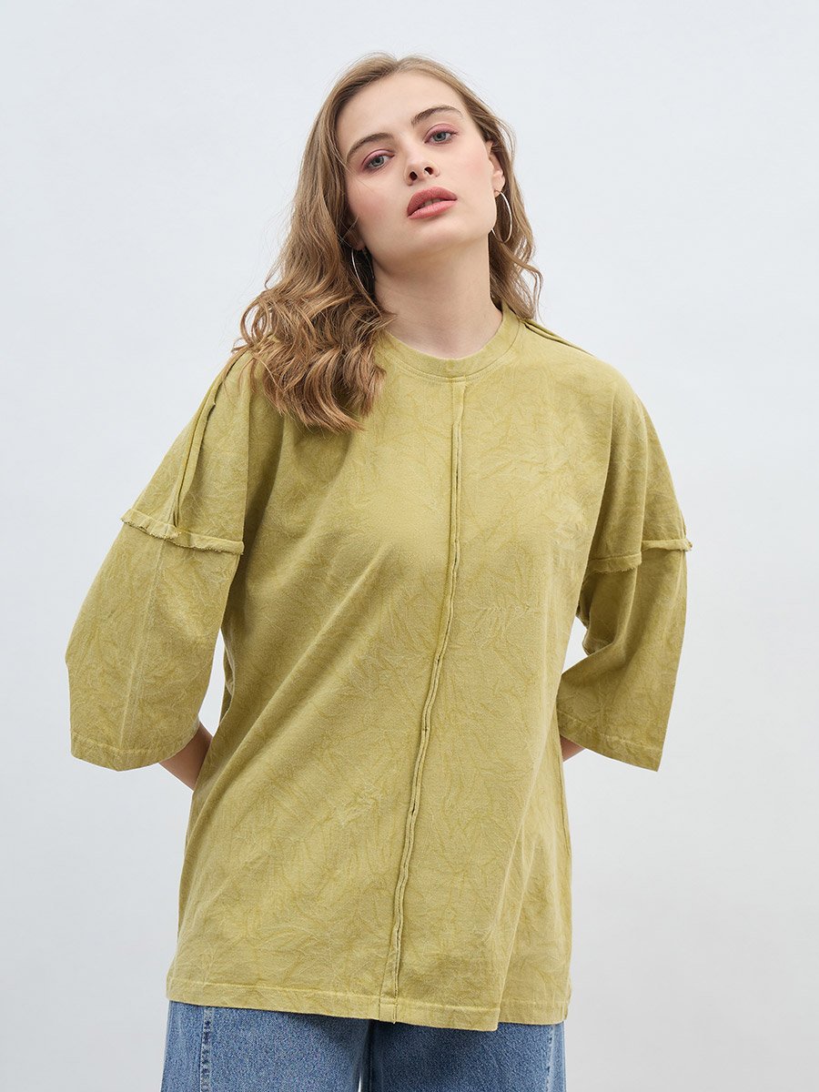 Oversized Washed 100% Cotton T-Shirt with Exposed Seam